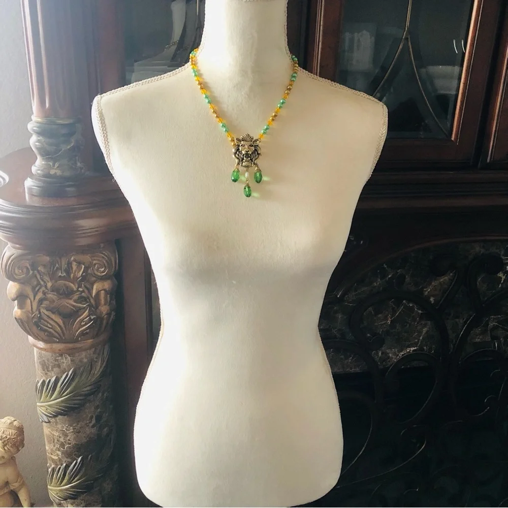 Handcrafted repurpose growling lion crystal pendant Czech glass Pearl necklace